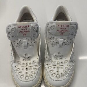 Valentino White Leather Floral Cutout Slip-On Sneakers